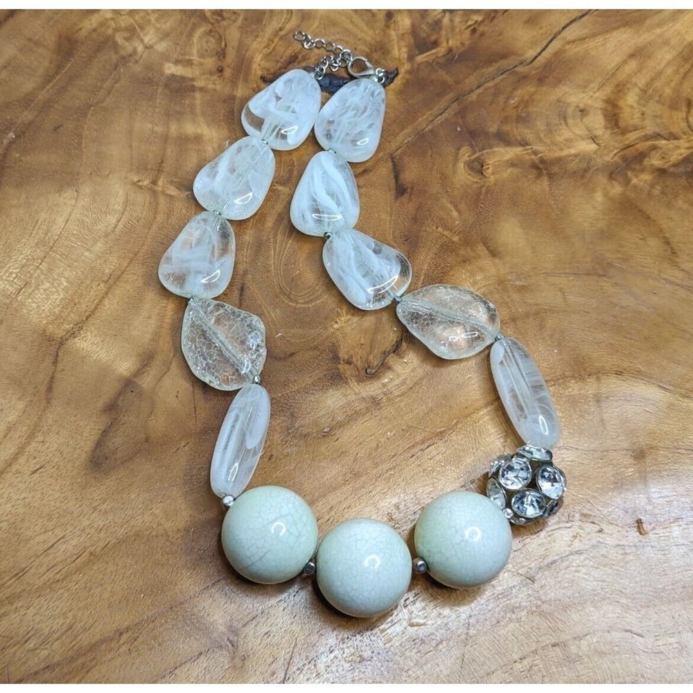 Chunky Lucite Necklace Clear And White Acrylic Adjustable 20-21" Boho Lagenlook